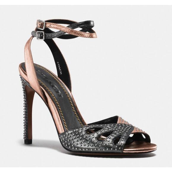 Coach Heels G2000 Prairie Rivets Stiletto Sandal WMNS 10 Black Rose Gold Leather - Picture 1 of 15